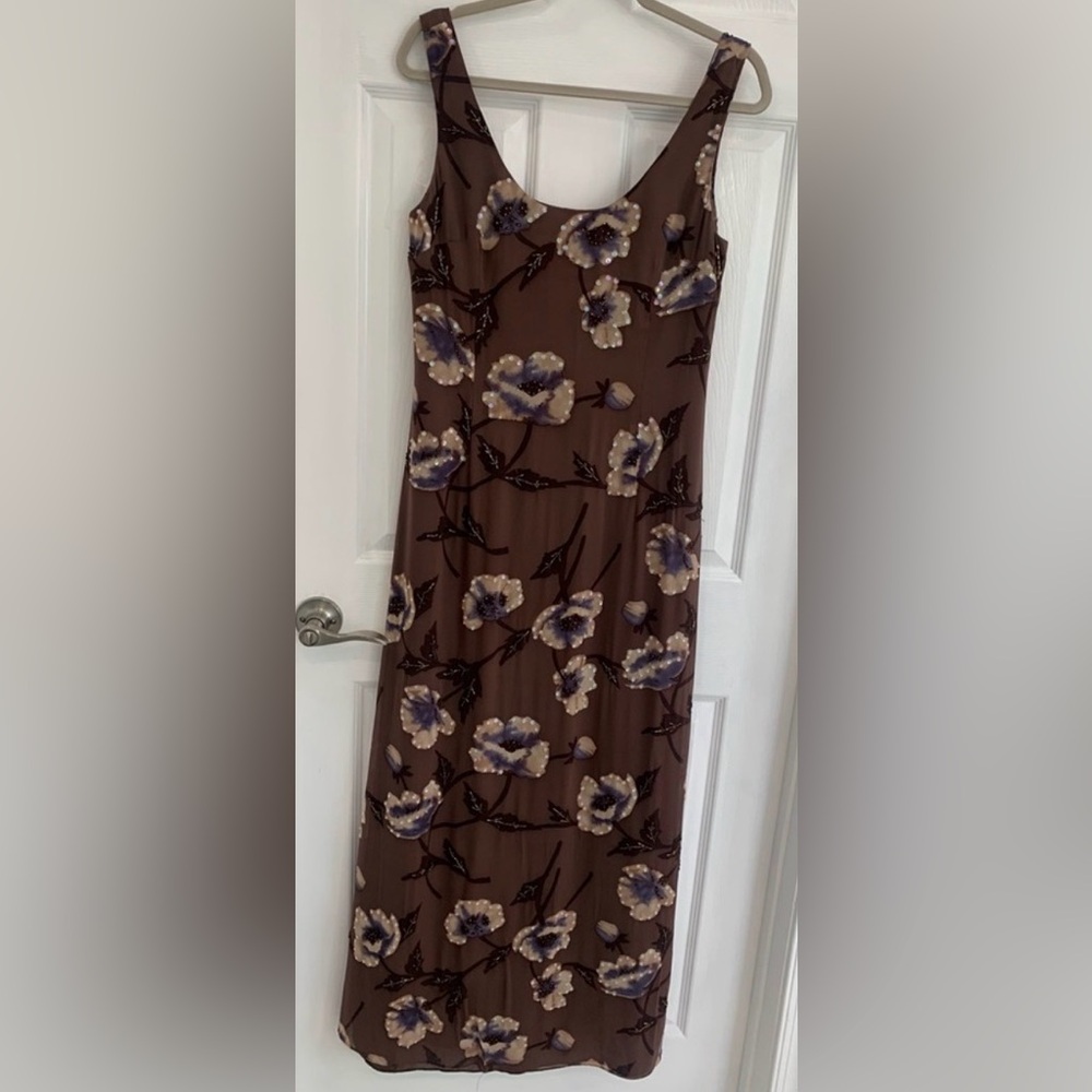 Adrianna Papell Brown Maxi Dress with sequins Purple and Cream Floral Design
